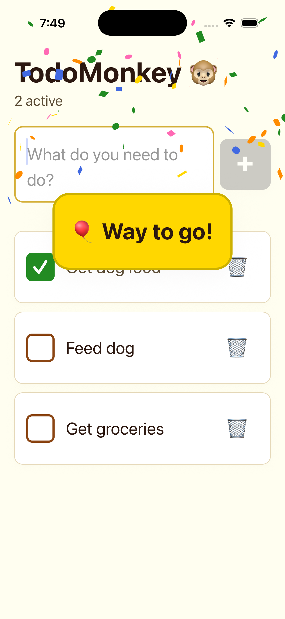 TodoMonkey celebration with confetti